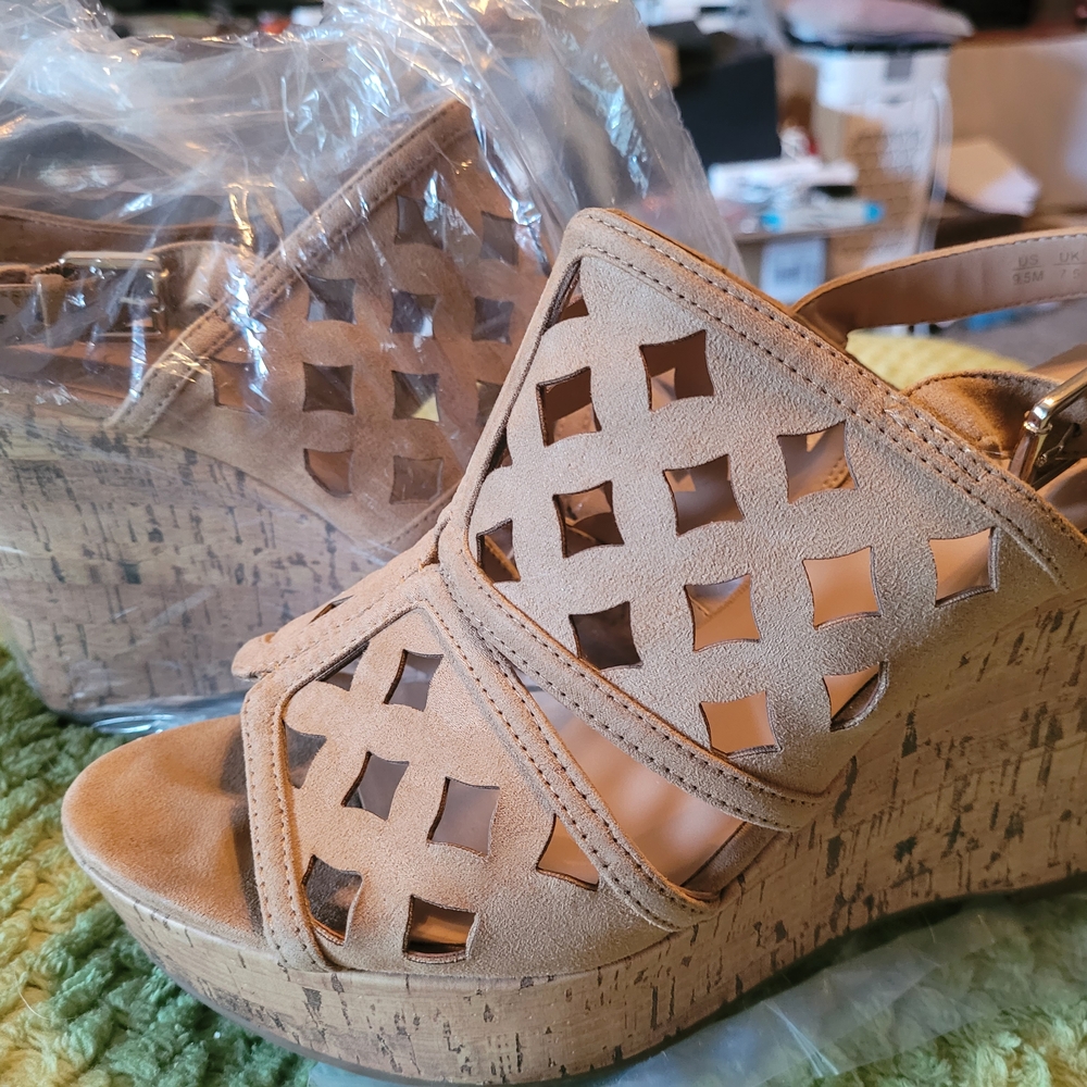 Franco Sarto Tan Cutout Wedge Sandals